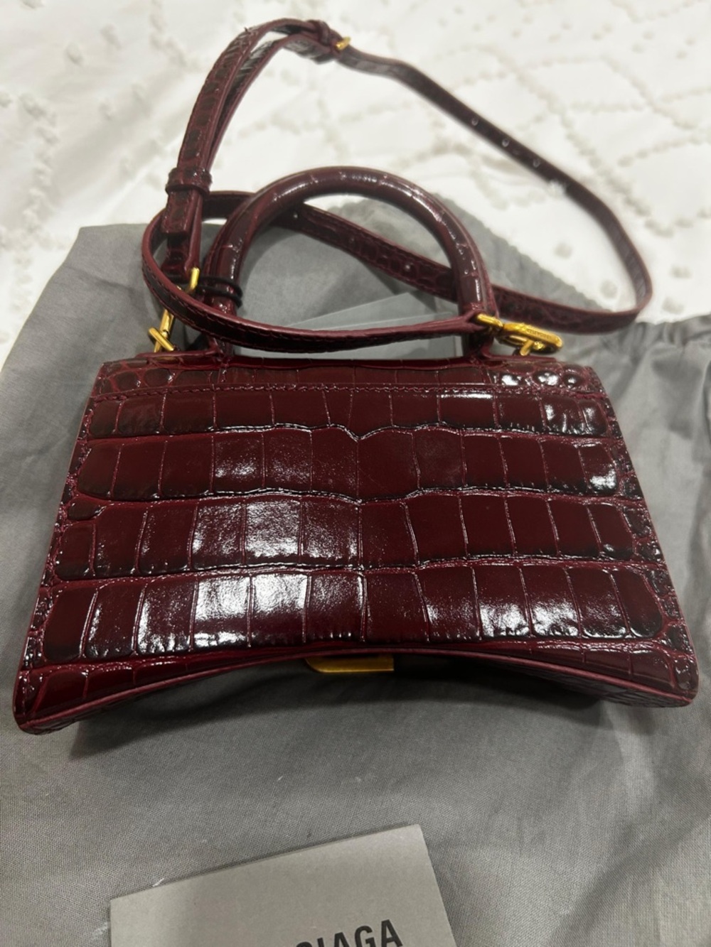 Balenciaga Mini Top Handle Bag in Burgundy Croc-Embossed Leather - Picture 7 of 9
